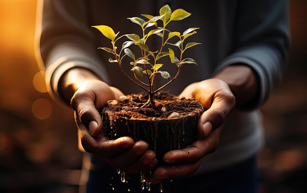 Two Hands Holding a Green Sapling with Sunlight