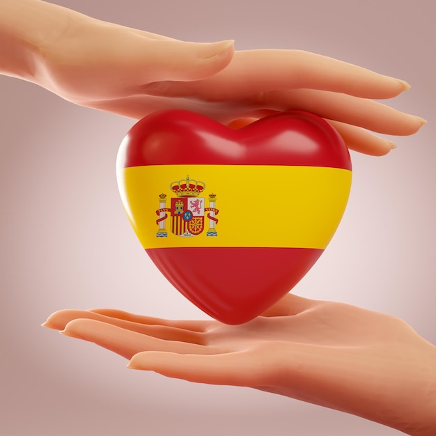 Due mani che tengono il cuore con la bandiera della spagna concetto di amore, libertà, indipendenza e supporto del paese, rendering 3d