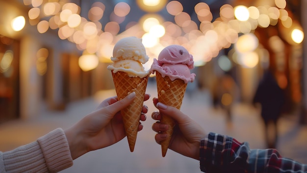 Foto due mani che tengono dei coni di gelato con fragole e vaniglia