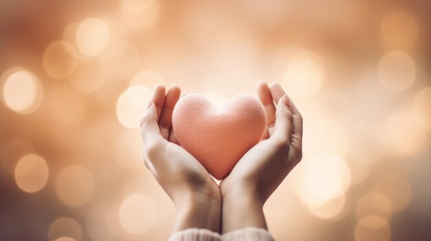 Photo two hands holding a pink heart shaped object ai