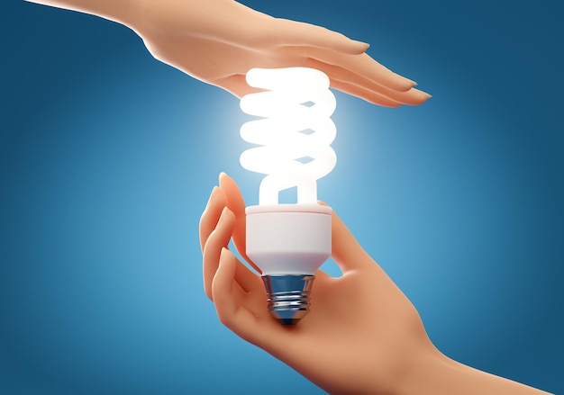 Due mani che tengono e proteggono la lampadina a risparmio energetico su sfondo blu concetto di risparmio energetico ecologia innovazione cura e protezione dell'ambiente rendering 3d