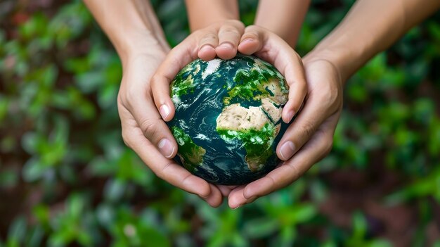 Photo two hands holding a realistic earth illustration