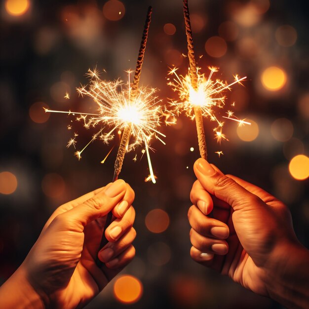 Two Hands Holding a sparkler with new year lights in background