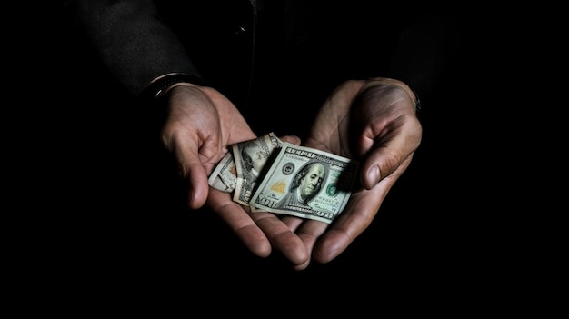 two hands holding a stack of dollar bills.