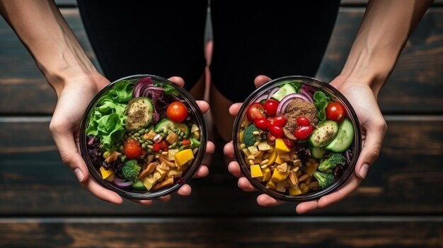 two hands holding two bowls of food on a wooden surface