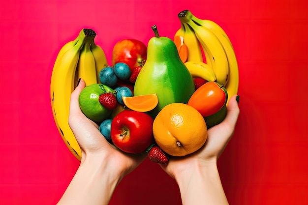 Photo two hands holding up a variety of fruit in front generative ai