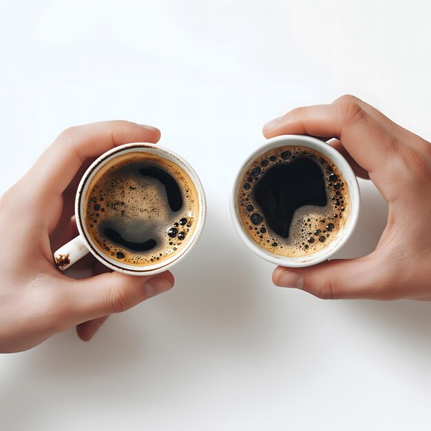 Photo two hands holding white cups filled with coffee on a clean surface