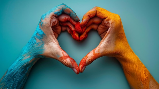 Photo two hands making a heart with their painted hands