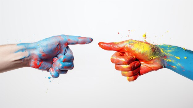 Two hands painted fingers pointing interlocking in vibrant unity