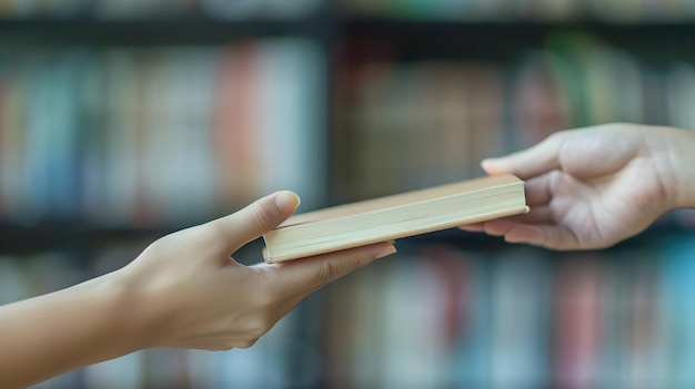 Two hands passing a book over in a library setting symbolic of sharing knowledge