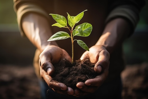 Two hands planting a sapling into the ground Generative AI