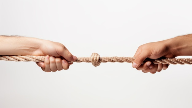 two hands pulling rope on white background