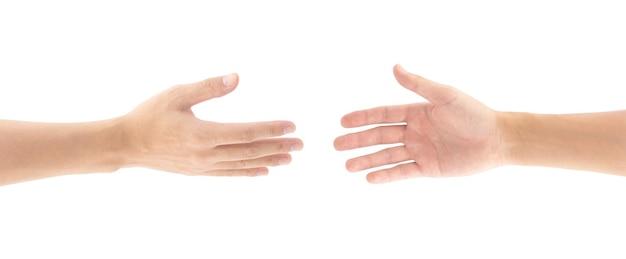 Due mani si allungano per stringere la mano, isolate su sfondo bianco, tracciato di ritaglio incluso.