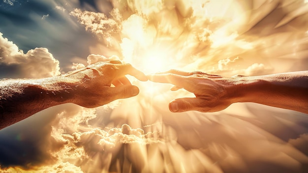 Photo two hands reach out towards each other in the sky symbolizing unity connection and hope