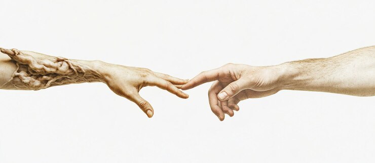 Photo two hands reaching almost touching one textured one smooth against white background