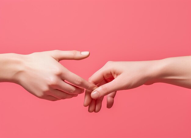 two hands reaching each other in pink on the background Generative AI