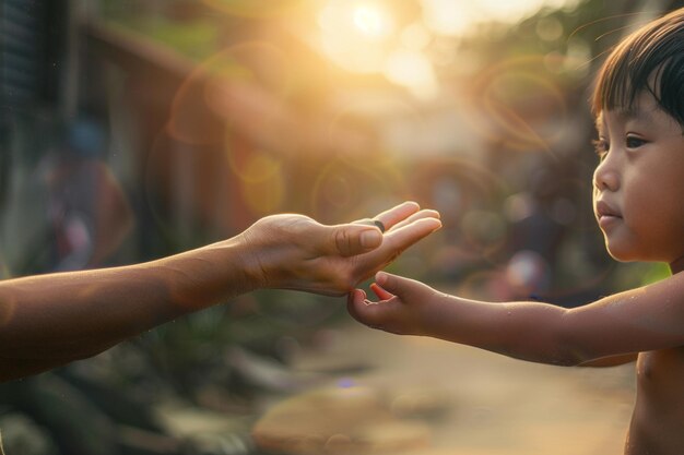 Photo two hands reaching out to each other with the sun behind them