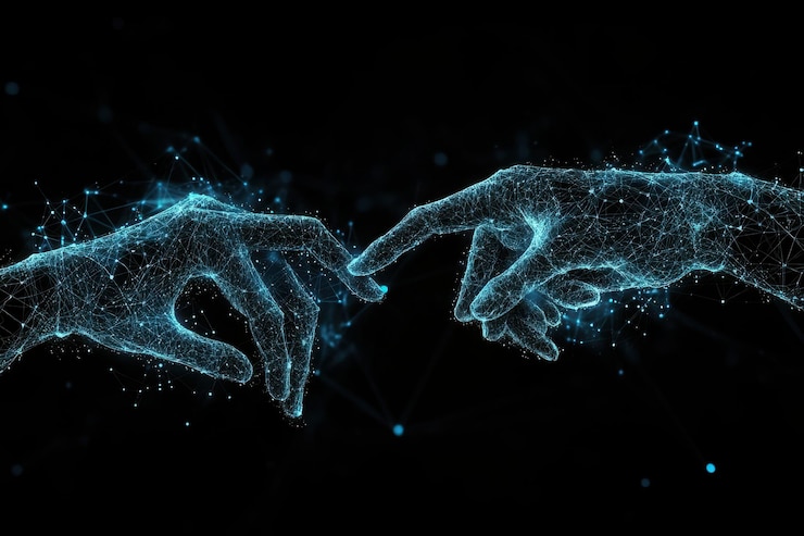 Photo two hands reaching out formed by glowing particles symbolizing connection and creation