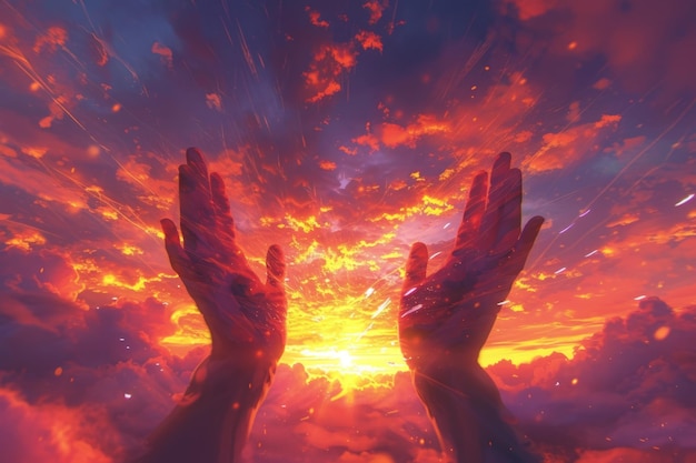 Photo two hands reaching out to the sky with a bright orange and red background