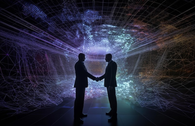 Two hands shaking in front of computerized digital abstract background Illustration AI GenerativexA