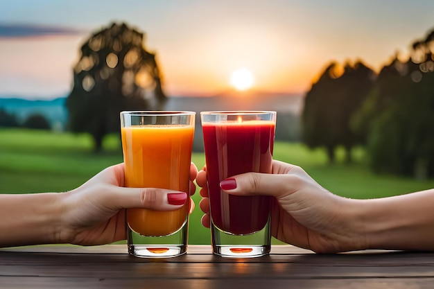 ジュースの入ったグラスを乾杯する 2 つの手と、ピンクの飲み物で乾杯する 2 つの手。