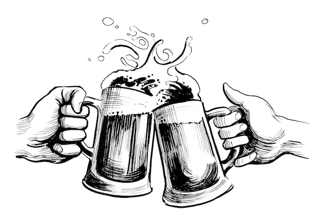 Two hands with beer mugs. Ink black and white drawing