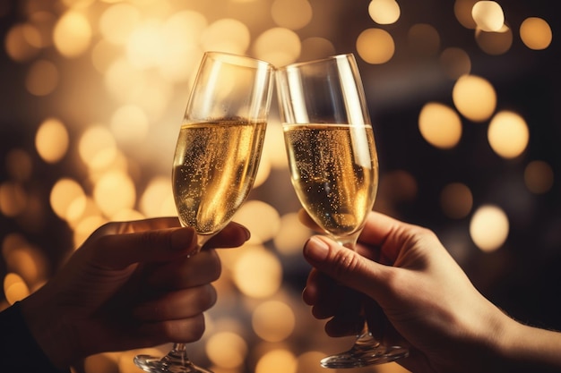 Premium Ai Image Two Hands With Glasses Of Champagne Wine Clink Against Blurred Golden Lights