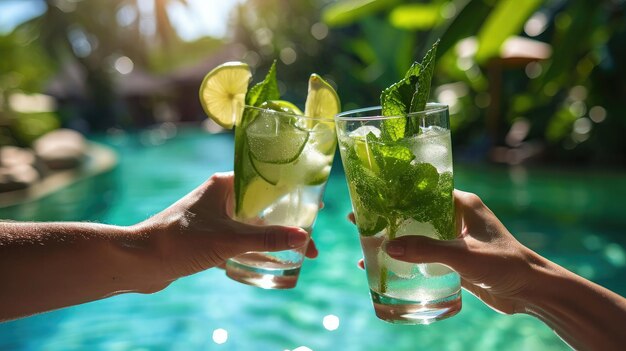 Two hands with glasses of mojito cocktail with mint and lime greet each other in a cheers toast