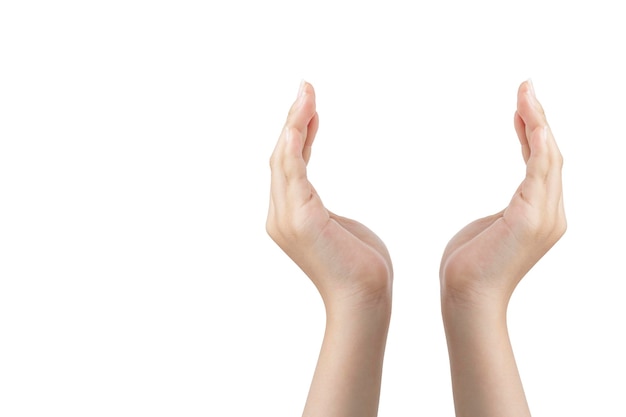 Two hands of young woman making figures with white background and copy space