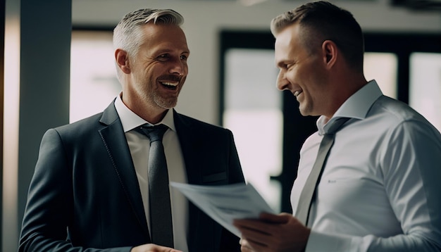 Two handsome businessmen standing and discussing with a piece of paper in their left hand background in the workplace AI Generative