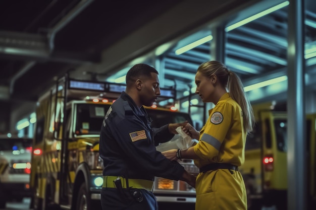 Two handsome EMS first responders loading an ambulance with a stretcher