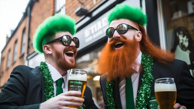 写真 2人のハンサムな赤のアイルランド人男性がビールを飲みながら聖パトリックの日を祝っています