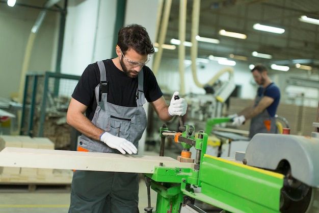 Two handsome young men working in lumber workshop