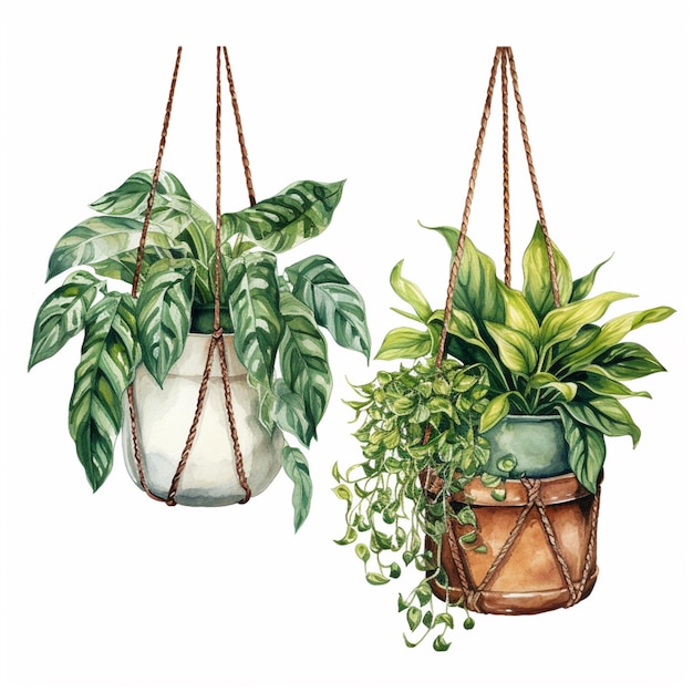 two hanging planters with plants and leaves on them generative ai