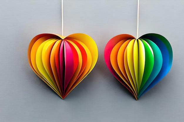 2 つのぶら下がっている虹色の紙が愛のハート形に切り取られた紙アート レインボー ハートの背景に鮮やかな色の 3 d 効果ハート形ベクトル イラスト