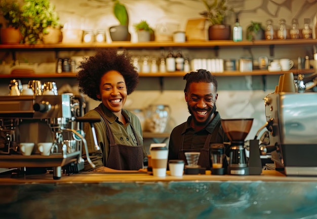 Foto due baristi neri felici in un caffè