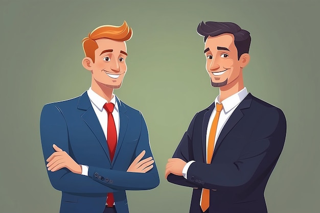 Two happy businessman Project discussion Cartoon style Teamwork Business people Flat illustration