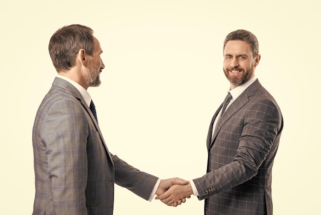 two happy businessmen dealing partnership businessmen dealing isolated on white