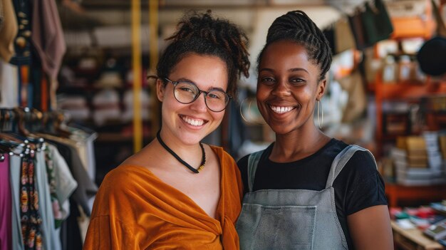 Two happy businesswomen smiling while working in a thrift store Female entrepreneurs running an ecommerce small