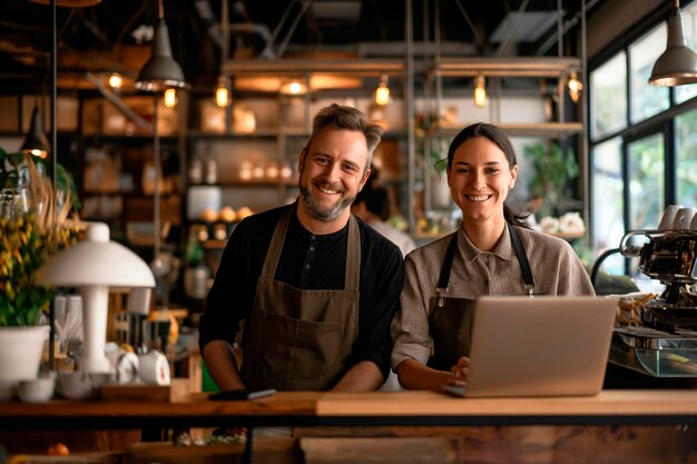 Photo two happy cafe managers working on laptop