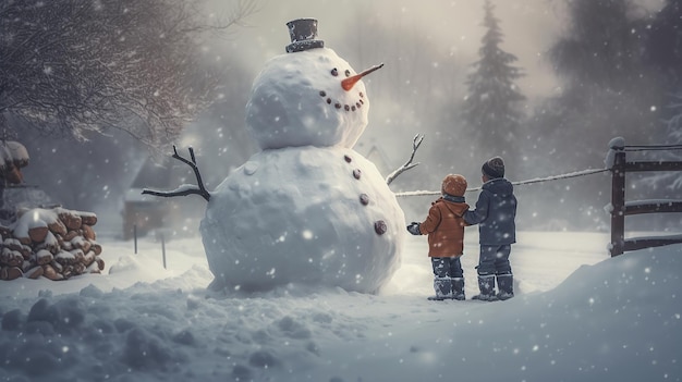2 人の幸せな子供が大きな雪だるまと遊んでいます。 生成 AI