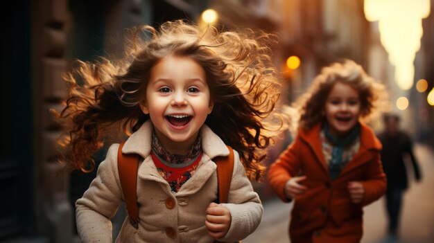 Two happy children are running joyfully on the street