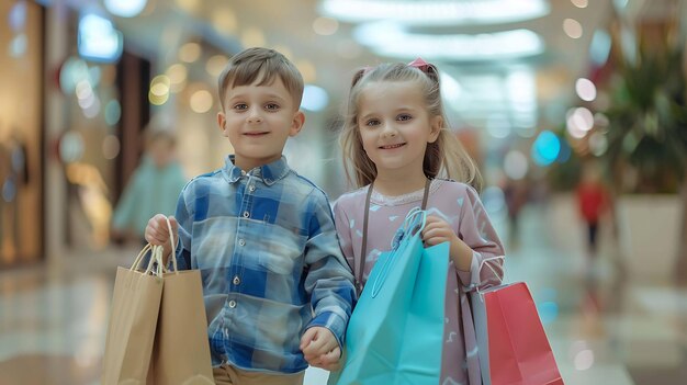 Photo two happy children a boy and a girl are holding hands and walking in a shopping mall they are both carrying shopping bags