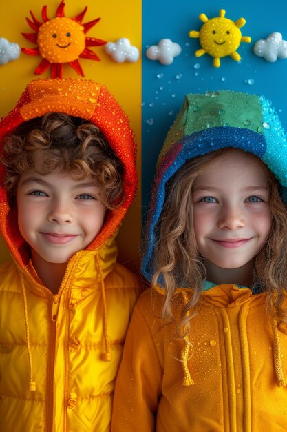 Двое счастливых детей в яркой одежде на цветной стене с эмотиконами