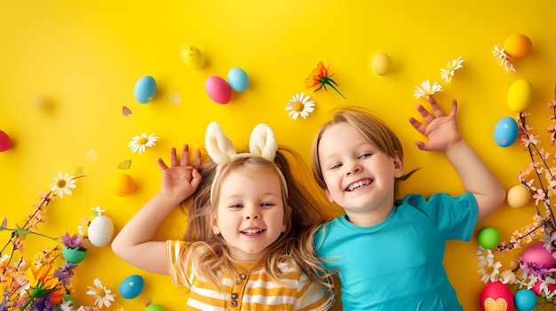 Two happy children and colorful easter eggs in easter festival