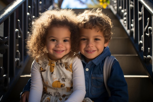 Photo two happy children sitting on the stairs