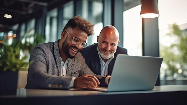 Photo two happy diverse professional executives team working in office using laptop