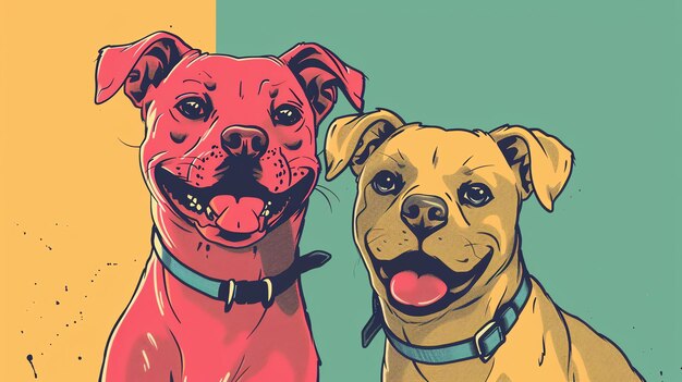 Two happy dogs one red and one yellow are sitting side by side against a green and yellow background