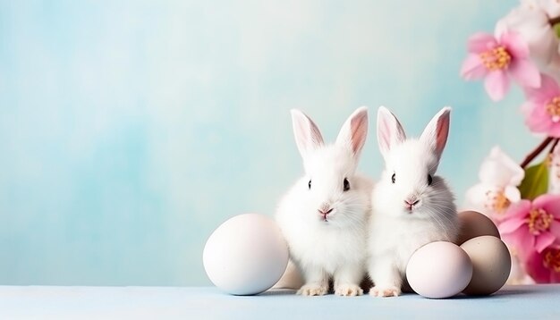 two Happy Easter bunnies with many colorful Easter egg