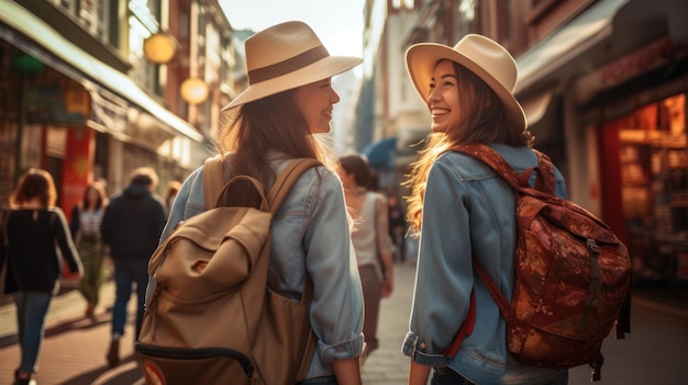 사진 여행가방을 들고 행복한 여자 친구 두 명이 화창한 날 차이나타운 야외에서 중국을 여행하는 일본 여성과 함께 길을 건너고 있습니다.